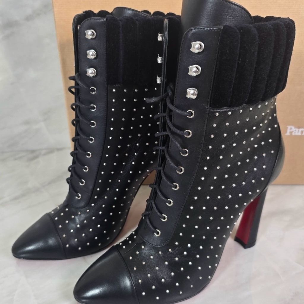 Louboutin Black Studded Women's Ankle Boots Heels